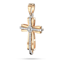 обзорное фото Золотой подвес-крестик с центральным камнем и дорожкой из бриллиантов на белом золоте 040466  Декоративные золотые крестики