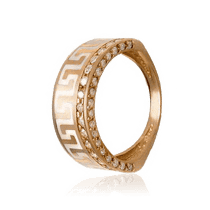 обзорное фото Золотое кольцо в греческом стиле с белой эмалью и фианитами 028666 Золотые кольца с фианитом обзорное фото Золотое кольцо в греческом стиле с белой эмалью и фианитами 028666  Золотые кольца с фианитом