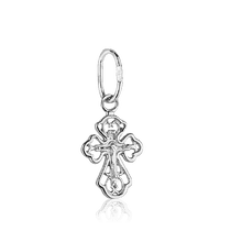 обзорное фото Золотой ажурный подвес крестик в белом золоте 028980 Детский золотой крестик обзорное фото Золотой ажурный подвес крестик в белом золоте 028980  Детский золотой крестик