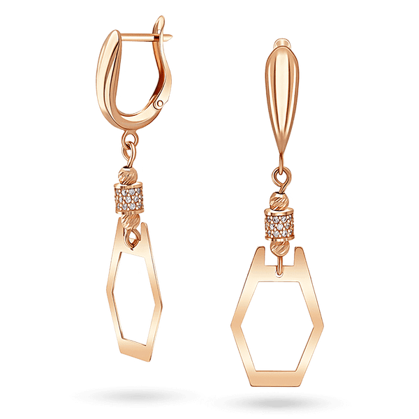 Золотые серьги-подвески в геометрическом дизайне с алмазной гранью и фианитами 041546 детальное изображение ювелирного изделия Золотые серьги с фианитом Золотые серьги-подвески в геометрическом дизайне с алмазной гранью и фианитами 041546 детальное изображение ювелирного изделия Золотые серьги с фианитом