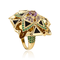 обзорное фото Массивное золотое кольцо эксклюзивное Цветок с агатом, аметистом и фианитами 034380  Золотые кольца