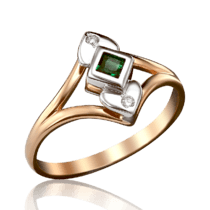 обзорное фото Золотое кольцо с бриллиантом и изумрудом в нетривиальном дизайне 033715  Золотые кольца