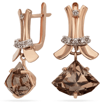 обзорное фото Золотые серьги с дымчатым кварцем и фианитами Сальса 033954 Золотые серьги обзорное фото Золотые серьги с дымчатым кварцем и фианитами Сальса 033954  Золотые серьги