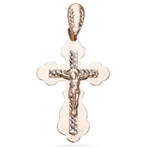 обзорное фото Золотой крестик Распятие в белом и красном золоте с алмазной гравировкой без вставок 039104  Золотые крестики православные