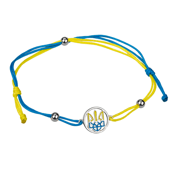 Шелковый браслет с серебряным Тризубом, шариками и желто-голубым шнурком 039475 детальное изображение ювелирного изделия Браслеты красная нить Шелковый браслет с серебряным Тризубом, шариками и желто-голубым шнурком 039475 детальное изображение ювелирного изделия Браслеты красная нить
