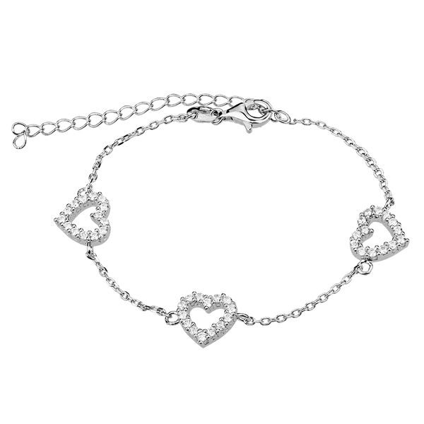 Нежный серебряный браслет с тремя сердечками из белых фианитов и дополнительной цепочкой 039751 детальное изображение ювелирного изделия Серебряные женские браслеты Нежный серебряный браслет с тремя сердечками из белых фианитов и дополнительной цепочкой 039751 детальное изображение ювелирного изделия Серебряные женские браслеты