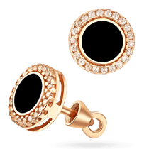 обзорное фото Нежные серьги - пусеты в красном золоте с фианитами и черной эмалью 039154 Золотые серьги с эмалью обзорное фото Нежные серьги - пусеты в красном золоте с фианитами и черной эмалью 039154  Золотые серьги с эмалью