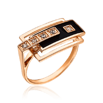 обзорное фото Кольцо золотое в геометрическом дизайне с черной эмалью и фианитами 033907 Золотые кольца обзорное фото Кольцо золотое в геометрическом дизайне с черной эмалью и фианитами 033907  Золотые кольца