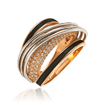 обзорное фото Кольцо из красного золота с фианитами и черной эмалью 030817 Золотые кольца обзорное фото Кольцо из красного золота с фианитами и черной эмалью 030817  Золотые кольца