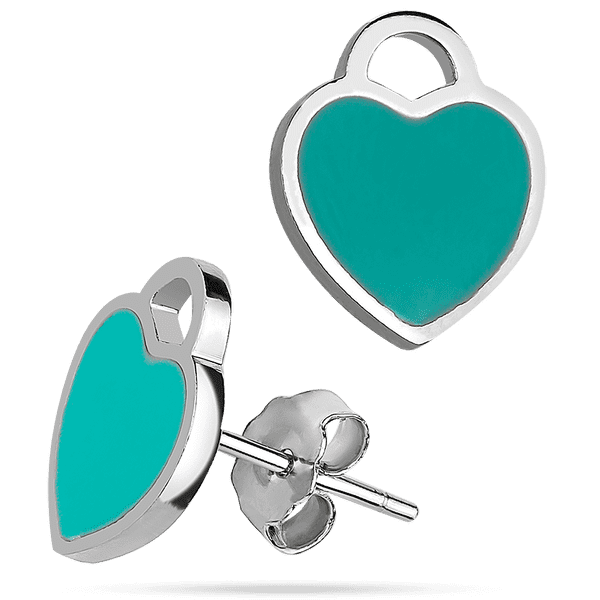 Серебряные серьги - пусеты сердечки с эмалью цвета Тифани 039440 детальное изображение ювелирного изделия Серебряные серьги с камнями