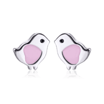 обзорное фото Детские серебряные серьги Птички с розовой эмалью 031173  Серебряные серьги с камнями