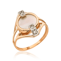 обзорное фото Молодежное золотое кольцо с перламутром и фианитами 035258  Золотые кольца
