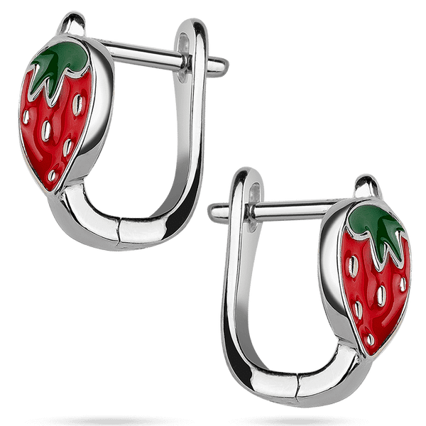 Дитячі сережки на англійській застібці Полунички в червоно - зеленою емаллю 039555 детальне зображення ювелірного виробу Дитячі сережки на англійській застібці Полунички в червоно - зеленою емаллю 039555 детальне зображення ювелірного виробу