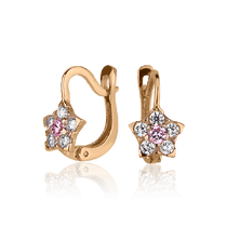 обзорное фото Детские серьги Цветочек в красном золоте на английском замке с фианитами 027467  Серьги с камнями