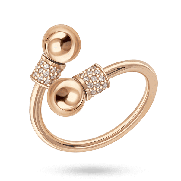 Золотое разомкнутое кольцо с двумя шариками, обрамленными сияющими фианитами 041274 детальное изображение ювелирного изделия Золотые кольца с фианитом Золотое разомкнутое кольцо с двумя шариками, обрамленными сияющими фианитами 041274 детальное изображение ювелирного изделия Золотые кольца с фианитом