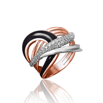 обзорное фото Золотое кольцо с черной эмалью и фианитами 030827 Эксклюзивные кольца из золота обзорное фото Золотое кольцо с черной эмалью и фианитами 030827  Эксклюзивные кольца из золота