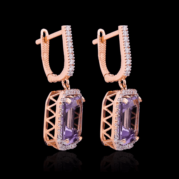 Золотые серьги подвески с крупным аметистом фото Золотые серьги подвески с крупным аметистом фото