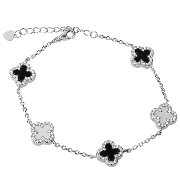 Браслетик на руку Клевер с ониксом, перламутром и фианитами 039400 детальное изображение ювелирного изделия Серебряные женские браслеты Браслетик на руку Клевер с ониксом, перламутром и фианитами 039400 детальное изображение ювелирного изделия Серебряные женские браслеты