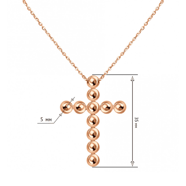Хрестик з гладких кульок у червоному золоті 585 проби на ланцюжку купити