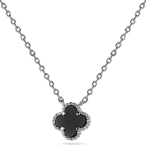 обзорное фото Колье серебряное с двусторонним клевером из оникса 039396 Серебряные колье обзорное фото Колье серебряное с двусторонним клевером из оникса 039396  Серебряные колье