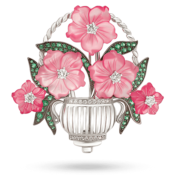 Серебряная брошь "Корзина с букетом розовых перламутровых цветов" украшена фианитами 040659 детальное изображение ювелирного изделия Серебряные броши