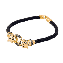 обзорное фото Браслет каучуковый в желтом золоте "Пантеры" с эмалью и фианитами 025676 Золотые браслеты с каучуком обзорное фото Браслет каучуковый в желтом золоте "Пантеры" с эмалью и фианитами 025676  Золотые браслеты с каучуком