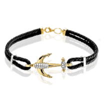 обзорное фото Мужской браслет плетеный кожаный с золотом Якорь 036811  Золотые браслеты
