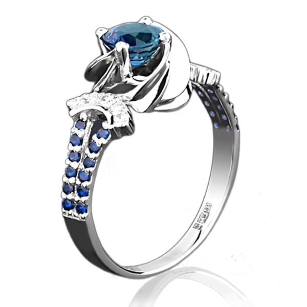 Каблучка з білого золота з сапфірами і діамантами 1076/1 детальне зображення ювелірного виробу Каблучка з білого золота з сапфірами і діамантами 1076/1 детальне зображення ювелірного виробу