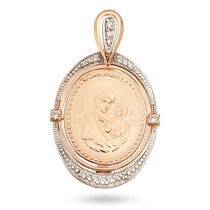 обзорное фото Овальная ладанка с комбинированного золота "Казанская икона Божией Матери" украшена фианитами 040741  Золотые подвески иконки