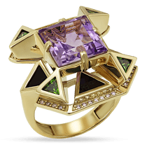 обзорное фото Кольцо дизайнерское из золота 585 пробы с аметистом, агатом и фианитами 035050 Золотые кольца с аметистом обзорное фото Кольцо дизайнерское из золота 585 пробы с аметистом, агатом и фианитами 035050  Золотые кольца с аметистом
