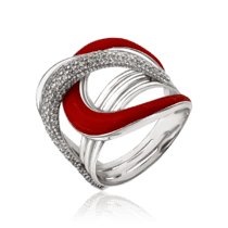 обзорное фото Серебряное кольцо с красной эмалью и фианитами 034918  Серебряные кольца