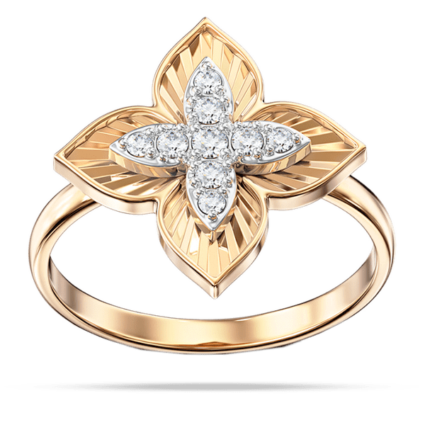 Комбинированное кольцо с большим, рефленным цветком и меньшим, украшенным фианитами 040399 детальное изображение ювелирного изделия Золотые кольца с фианитом Комбинированное кольцо с большим, рефленным цветком и меньшим, украшенным фианитами 040399 детальное изображение ювелирного изделия Золотые кольца с фианитом