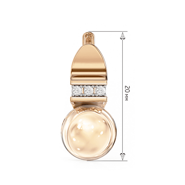 Золотые серьги украшены большим шариком и фианитами в белых крапанах и плавных изгибах 