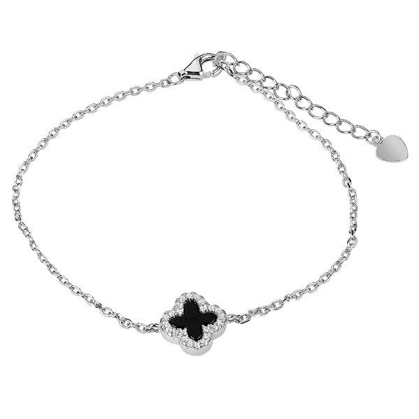 Браслет из серебра 925 пробы с ониксом и фианитами в виде клевера 039467 детальное изображение ювелирного изделия Серебряные женские браслеты Браслет из серебра 925 пробы с ониксом и фианитами в виде клевера 039467 детальное изображение ювелирного изделия Серебряные женские браслеты