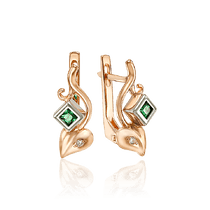 обзорное фото Нежные сережки золотые Веточка с бриллиантом и смарагдом 033868  Золотые серьги