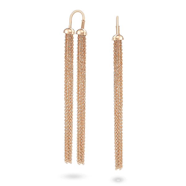 Золотые серьги-подвески с гладкими полусферами из которых свисают длинные цепочки 040846 детальное изображение ювелирного изделия Золотые серьги без вставок