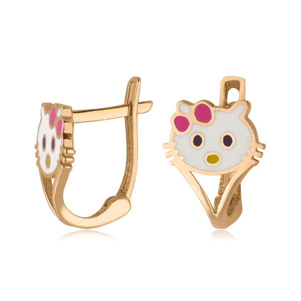 Золотые детские серьги Китти с эмалью 025108 детальное изображение ювелирного изделия Золотые детские сережки Золотые детские серьги Китти с эмалью 025108 детальное изображение ювелирного изделия Золотые детские сережки