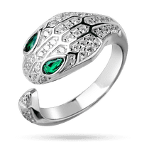 обзорное фото Серебряное кольцо "Змея с зелеными глазами" с большой головой инкрустированной фианитами 040194  Серебряные кольца с фианитом