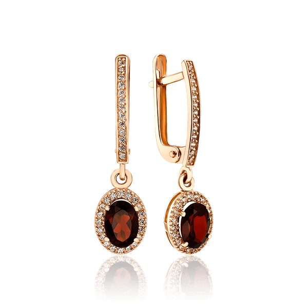 Золоті сережки підвіски з гранатом і фіанітами 035520 детальне зображення ювелірного виробу