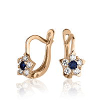 обзорное фото Детские серьги Цветочек в красном золоте на английском замке с фианитами 027468  Серьги с камнями