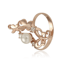 обзорное фото Золотое кольцо с жемчугом и фианитами Бабочки 028679  Золотые кольца с жемчугом