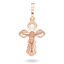 обзорное фото Золотой крестик с Распятием и надписью Спаси и Сохрани 035709 Детский золотой крестик обзорное фото Золотой крестик с Распятием и надписью Спаси и Сохрани 035709  Детский золотой крестик