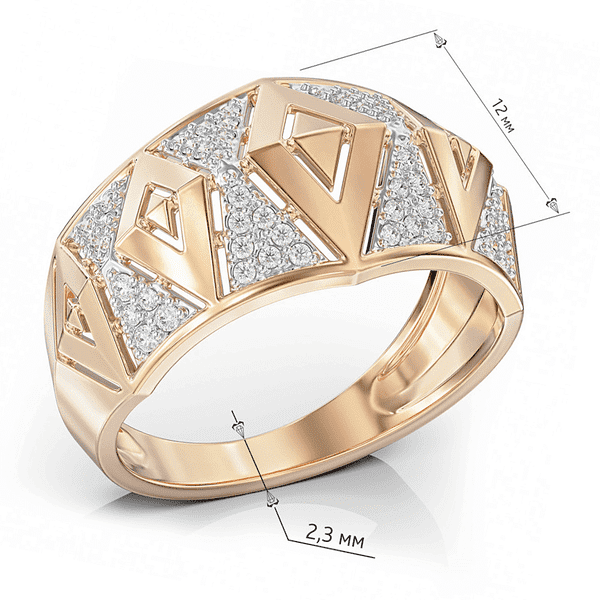 Золотое кольцо с геометрическим дизайном, украшеное фианитовой инкрустацией Золотое кольцо с геометрическим дизайном, украшеное фианитовой инкрустацией