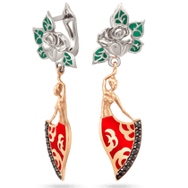 обзорное фото Серьги в комбинированном золоте с разноцветной эмалью и черными фианитами 039662 Золотые серьги с фианитом обзорное фото Серьги в комбинированном золоте с разноцветной эмалью и черными фианитами 039662  Золотые серьги с фианитом