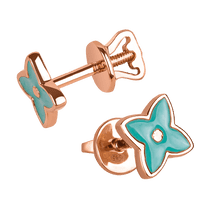 обзорное фото Золотые серьги с эмалью цвета тиффани "Цветок четырехлистник" 037962 Золотые серьги пуссеты обзорное фото Золотые серьги с эмалью цвета тиффани "Цветок четырехлистник" 037962  Золотые серьги пуссеты