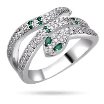 обзорное фото Серебряное кольцо "Змея с зелеными глазами" с дорожкой белых и зеленых фианитов 040174  Серебряные кольца с фианитом