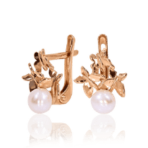 обзорное фото Золотые серьги с жемчугом Бабочки 032073  Золотые серьги с жемчугом