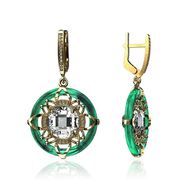 Золотые серьги с зеленым агатом и фианитами 029043 детальное изображение ювелирного изделия Золотые серьги с агатом Золотые серьги с зеленым агатом и фианитами 029043 детальное изображение ювелирного изделия Золотые серьги с агатом