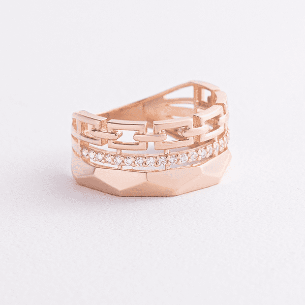 Тройное кольцо в красном золоте с цепочкой и дорожкой фианитов 040967 детальное изображение ювелирного изделия Золотые кольца с фианитом