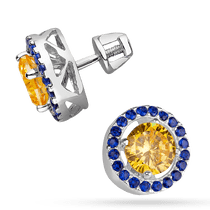 обзорное фото Серебряные серьги круглые трансформеры 2 в 1 с желто-голубыми фианитами 038441 Серебряные серьги с камнями обзорное фото Серебряные серьги круглые трансформеры 2 в 1 с желто-голубыми фианитами 038441  Серебряные серьги с камнями